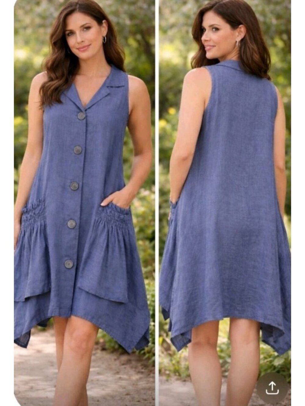 Womens Linen Blend Dress Boho Patch Pocket Asymmetrical Hem Dress Sz Small Blue